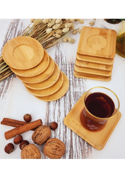 Ahşap Çay Tabağı 12li Set Bardak Fincan Altlığı Yuvarlak Kare Ahşap