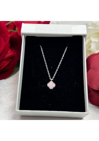 Yonca Pembe Taşlı Kadın Kolyesi 925 Ayar Gümüş Radyumlu 6 Mm Gümüş