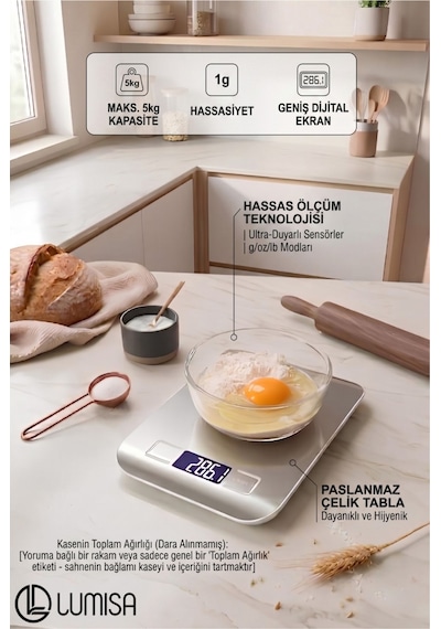 Platin Mutfak Terazisi Paslanmaz Çelik Yüzeyli Hassas Mutfak Tartısı Lcd Ekranlı 5 Kg Pil Hediyeli Gümüş