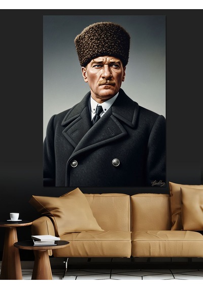 Siyah Kalpaklı Atatürk Portresi Dekoratif Kanvas - Mdf Ahşap Tablo