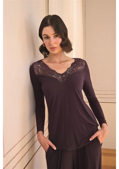 E-bulurum Kadın Uzun Kollu Ve Dantelli Pijama Takımı Mürdüm