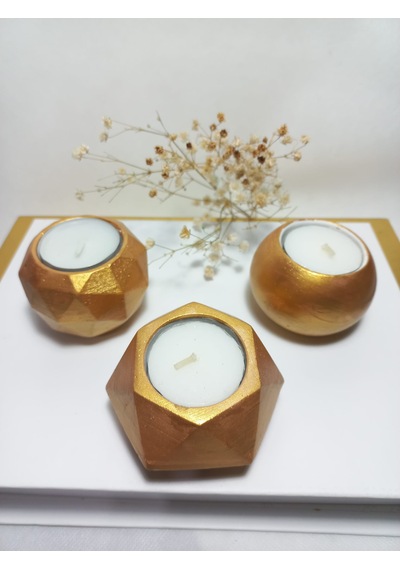 Geometrik Desenli Antiquity Gold 3'lü Mumluk Set, Dekoratif Masa Sehpa Üstü Aksesuar Gold
