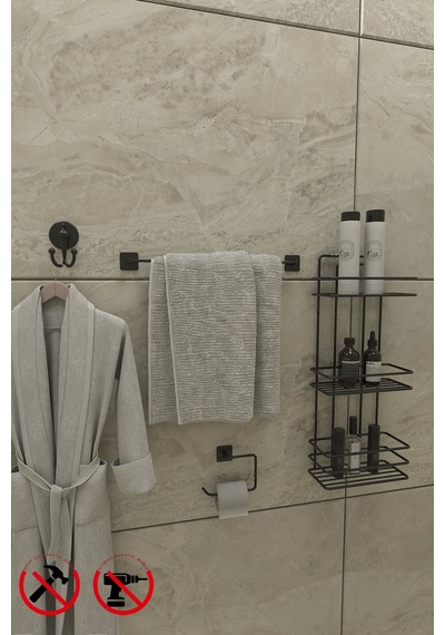 Alper Banyo Yapışkanlı Siyah 3 Katlı Banyo Rafı TŞ03 Jasmin Kağıtlık Uzun Havluluk Lotus V Bornoz Askılık Siyah