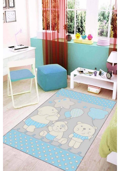 Mavi Kaymaz Tabanlı Yıkanabilir Ayıcıklı Bebek Halısı Kd16n11