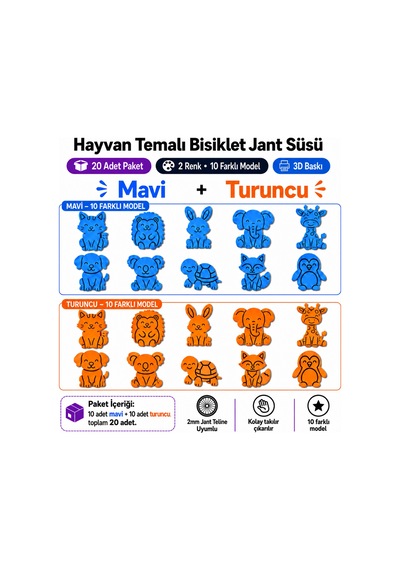 Hayvan Temalı Bisiklet Jant Süsü 20 Parça 2 Renk 10 Farklı Model Mavi-turuncu Mavi - Turuncu