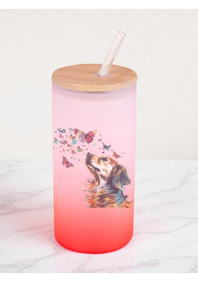 Kelebekli Köpek Baskılı 600 Ml Cam Matara- Su Matarası, Suluk Matara, Cam Pipetli Matara Kırmızı