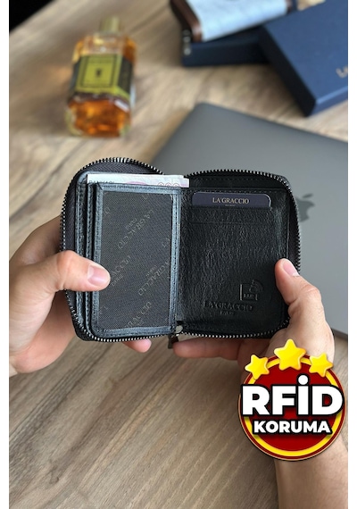 La'graccio Paris Lancoves Erkek Hakiki Deri Rfid Korumalı Fermuarlı Cüzdan Siyah