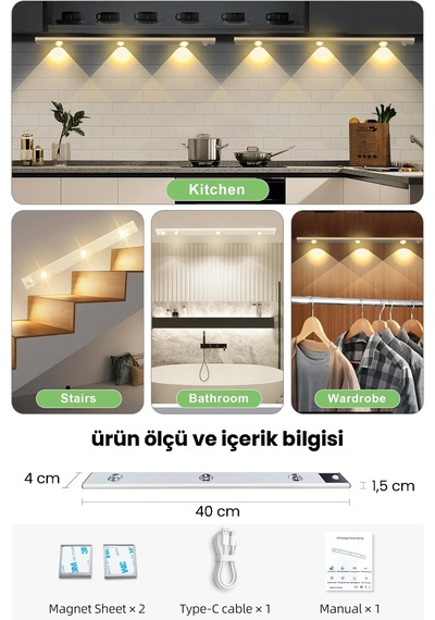 Technojet Hareket Sensörlü Şarj Edilebilir 3 Farklı Renk Yanabilen 3 Led Dekoratif Lamba,dolap Işığı
