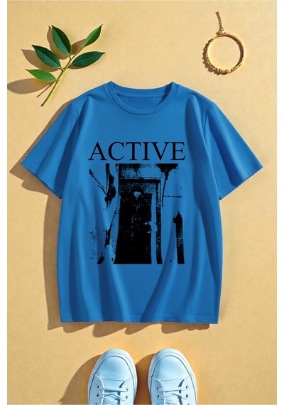 Uyguntarz Unisex Active Baskılı Tasarım Tshirt Mavi