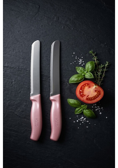 Makri Home Makri Home 2'li Ultra Keskin Tırtıklı Bıçak Seti, Pembe 22 Cm Paslanmaz Çelik Beyaz - Pembe