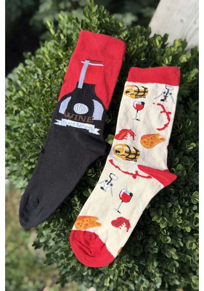 Lousocks Unisex Sağlı Sollu Şarap Desenli Kırmızı Soket Çorap