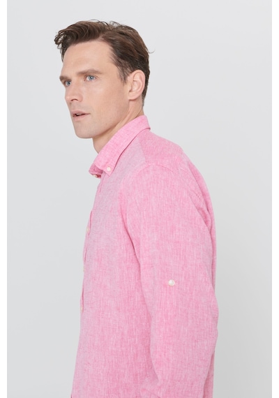 AC&Co / Altınyıldız Classics Erkek FUSYA Comfort Fit Rahat Kesim Düğmeli Yaka Casual Keten Gömlek Fuşya
