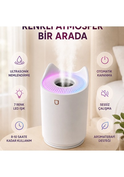Aroma Difüzör Hava Nemlendirici Sessiz Çalışma Led Gece Lambası