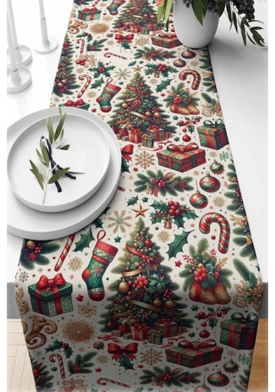 Yılbaşı Temalı Dijital Baskılı Runner Örtüsü Christmas Karma 40x140 Cm Çok Renkli