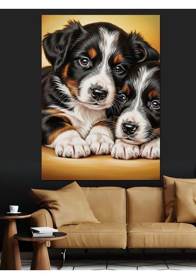 Ahşap Tablo İki Yavru Köpek Sevimli Dostluk