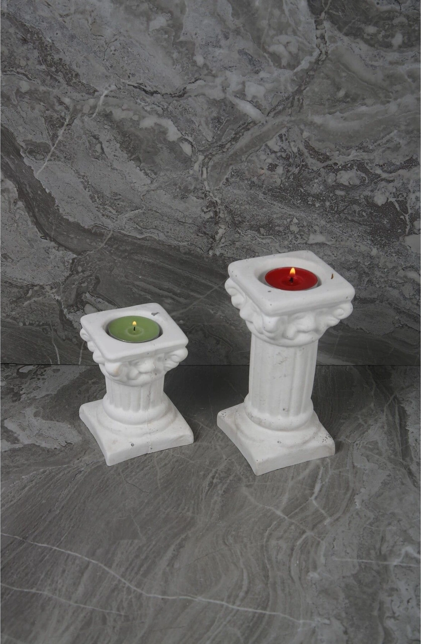 Dekoratif Antik Roma Sütun Şeklinde Beton Tealight Mumluk Set 2 Parça Beyaz