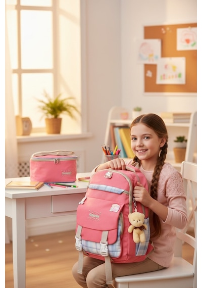 Rlx-1396 3'lü Set Çocuk İlkokul Çantası Kalemlikli Beslenme Çantalı Sırt Çantası Pembe Çok Renkli