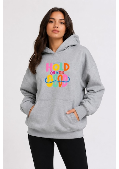 Herkesemoda Hold Good Baskılı Kapüşonlu 2 İplik Şardonlu Sweatshirt Gri