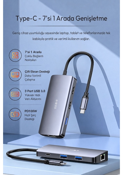 Type-c 7si 1 Arada Usb Hub Docking Station, 4k 60hz Hdmı, Gigabit Ethernet, Pd 100w Şarj, 3 Usb 3.0 Port, Çift Ekran Destekli Macbook Laptop Adaptörü N850