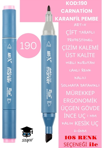 Çift Taraflı Profesyonel Çizim Kalemi Kalıcı Mürekkep Üçgen Gövde İnce Uç 1 Mm Kesik Uç 2-6mm Sketch 190-karanfil Pembe