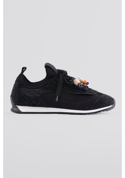 Mubiano Kadın Sneaker Düz Taban Taşlı Boncuk Detaylı Streç Spor Ayakkabı Zyra Siyah Siyah
