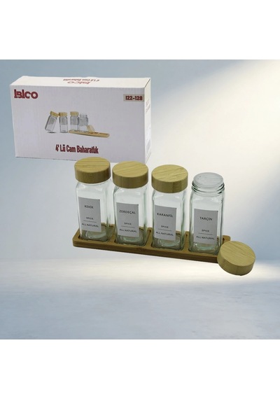 Bambu Kapaklı Cam Tuzluk 120ml 4'lü Set Baharatlık 0