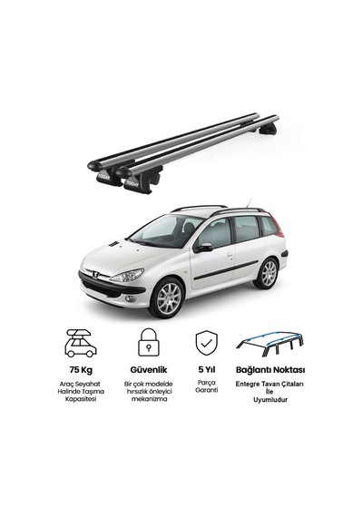 Venüs Peugeot 206 Station Wagon 2002-2007 Uyumlu Gri Ara Atkı Port Bagaj Tavan Barı