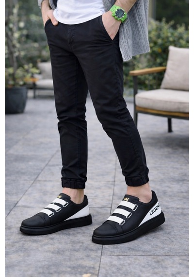 Mevese Mirox Erkek Bağcıksız 3 Bant Lastikli Günlük Sneaker Ayakkabı - Siyah Beyaz Siyah Siyah