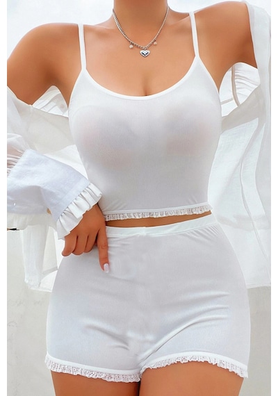 Moda Dua Kadın Beyaz Alt-üst Dantel Detaylı Şortlu Şık Gecelik Takım
