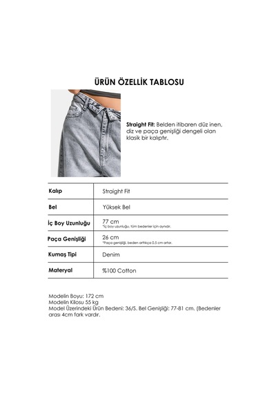 Itsbasic Kadın Gri 4s6-12 Straight Fit Kemer Detaylı Özel Tasarım Denim Jean
