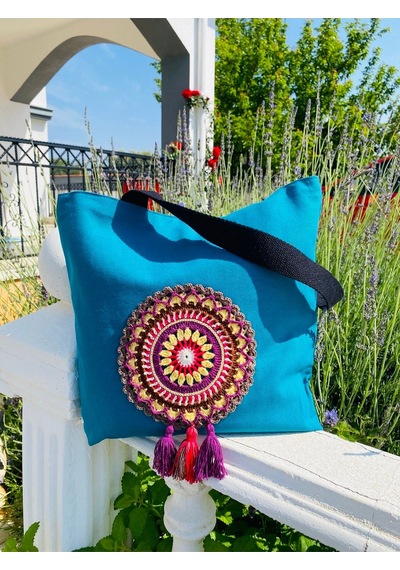Handream Püsküllü Mandala Bez Omuz Çantası Mavi