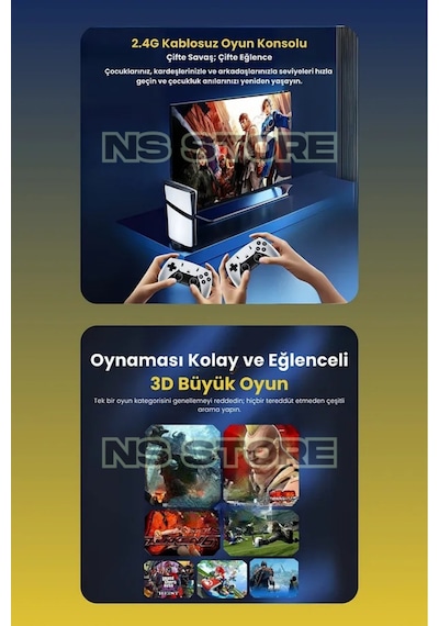 Gs5 Pro Ps5 Tasarımlı Kablosuz Çift Kol Oyun Konsolu 4k, 2.4g, 53 Emulatör, 30.000 Oyunlu Atari