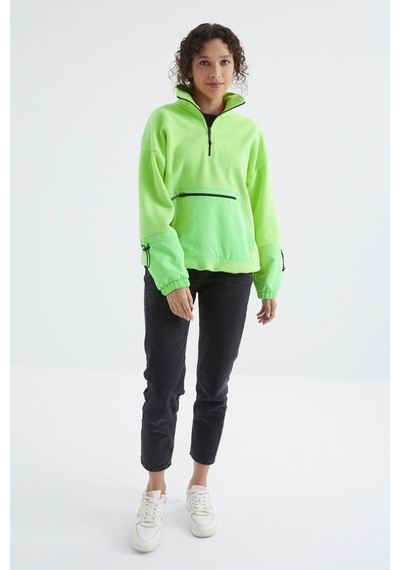 Tommy Life Neon Yeşil Etek Ucu Büzgülü Yarım Fermuarlı Oversize Kadın Polar Sweatshirt - 97238 Neon Yeşil