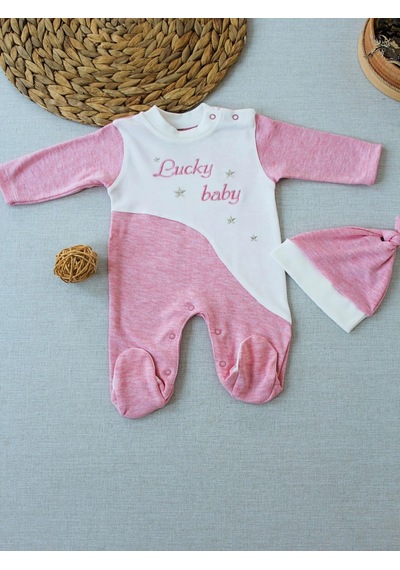Veraura Lifestyle 0-3 3-6 Ay Lucky Baby Nakışlı Es Çizgi Boy Şapkalı Kız Bebek Tulumu Pembe