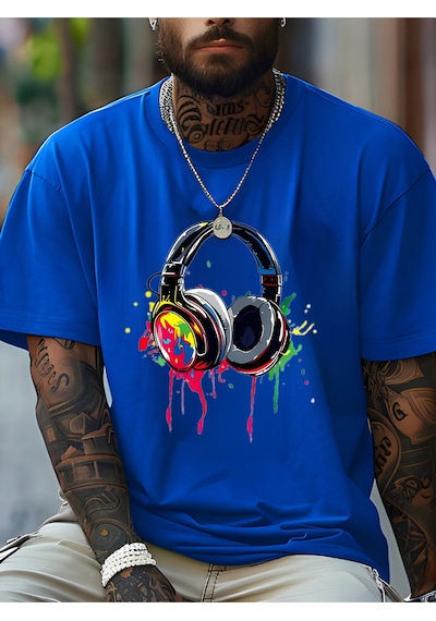 Kulaklık T-shirt - Baskılı Oversize Bisiklet Yaka Kısa Kol Tişört Lacivert