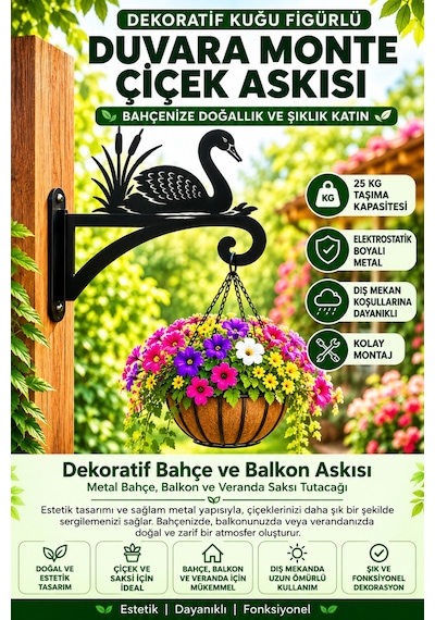Kuğu Figürlü Metal Çiçek Askısı Duvara Monte Saksı Tutacağı Dekoratif Bahçe Balkon Veranda Askısı Siyah Kugu