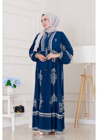 Sevitli Yarım Düğmeli Robalı Beyza Elbise-indigo-5143 İndigo