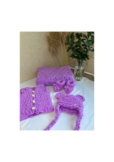 Puffy Bebek Battaniyesi, Bebek Yeleği, Patik, Bere Takımı Mor
