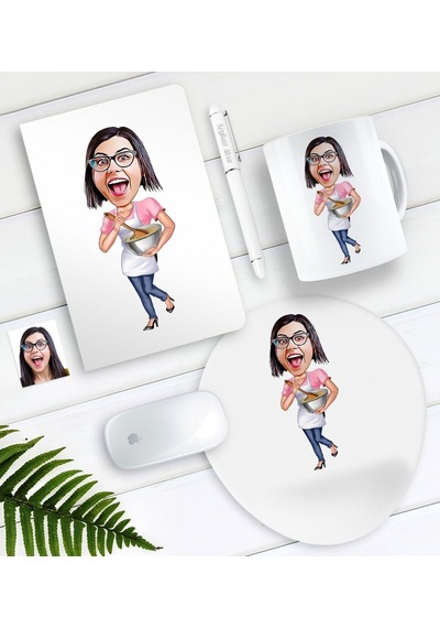 Kişiye Özel Ev Hanımı Karikatürlü Defter Kalem Kupa Mouse Pad Seti-3