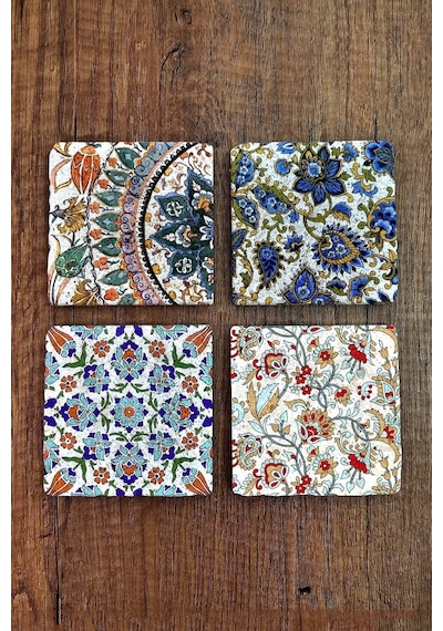 Doğal Taş Bardak Altlığı Çini Desenler Baskılı 4'lü Set - Stone Coasters Çok Renkli