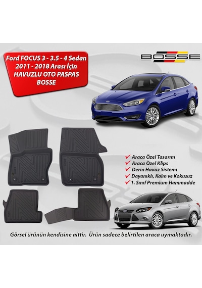 Ford Focus 3.5 - 4 Paspas Sedan 2014 2018 Arası BOSSE 3D Havuzlu Oto Paspas