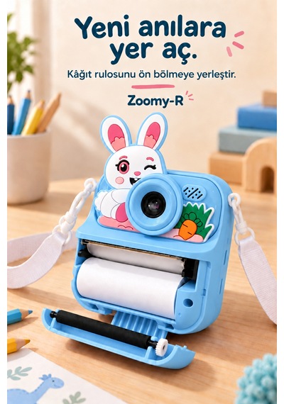 Kj/zm-003 Zoomy-r Tavşan Figürlü Anında Baskılı Çocuk Fotoğraf Makinesi, Çift Kamera, 2,4 İnç Ekran, 1080p Video, 3+ Yaş Mavi