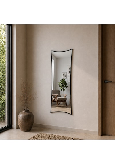 Modern Kavisli Boy Aynası 40x120 Cm Dalgalı Formlu Minimalist Dekoratif Duvar Aynası Siyah