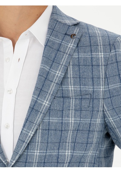 Cacharel Mavi Slim Fit Yün Karışımlı Ekose Takım Elbise