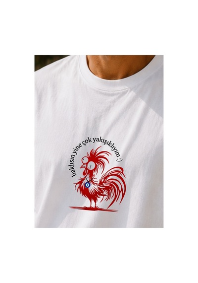 Qmen Style Unisex Beyaz Oversize Baskılı T-shirt Espirili Horoz Baskılı %100 Pamuk