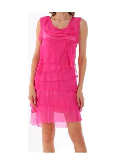 Bohem Stil Kat Kat Taşlanmış Mini İpek Elbise Pembe