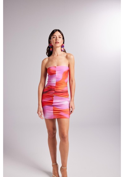Holly Lolly Drapeli Mini Straplez Dainty Elbise Turuncu