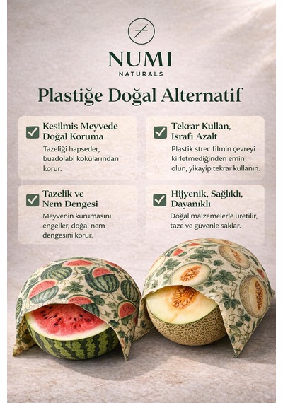 Premium Balmumu Gıda Saklama Bezi 2 Li Set Karpuz & Kavun Desenli 40x40 Cm Çok  Renkli