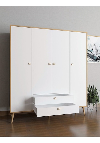 Floradesign Tema Elbise Dolabı 4 Kapaklı Çekmeceli Dolap Gardırop /beyaz Meşe