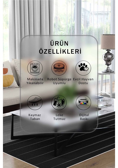 Yıkanabilir Kaymaz Taban Dijital Baskılı Halı Ve Yolluk Leke Tutmaz Salon & Mutfak Halısı - 1504 Siyah